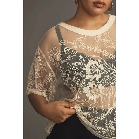 Anthropologie Short Sleeve Embroidered Mesh Top Ivory Size M - Picture 4 of 8